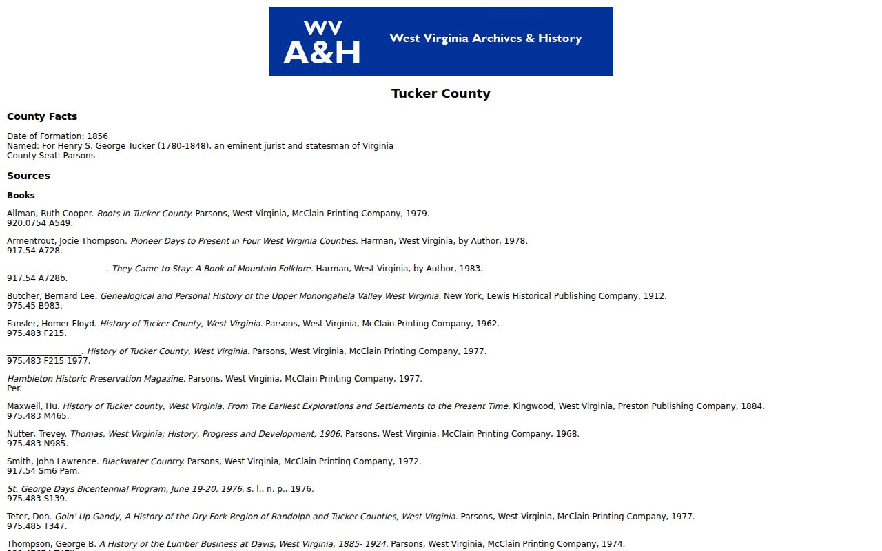 Tucker County former owner research in the West Virginia State Archives bibliography