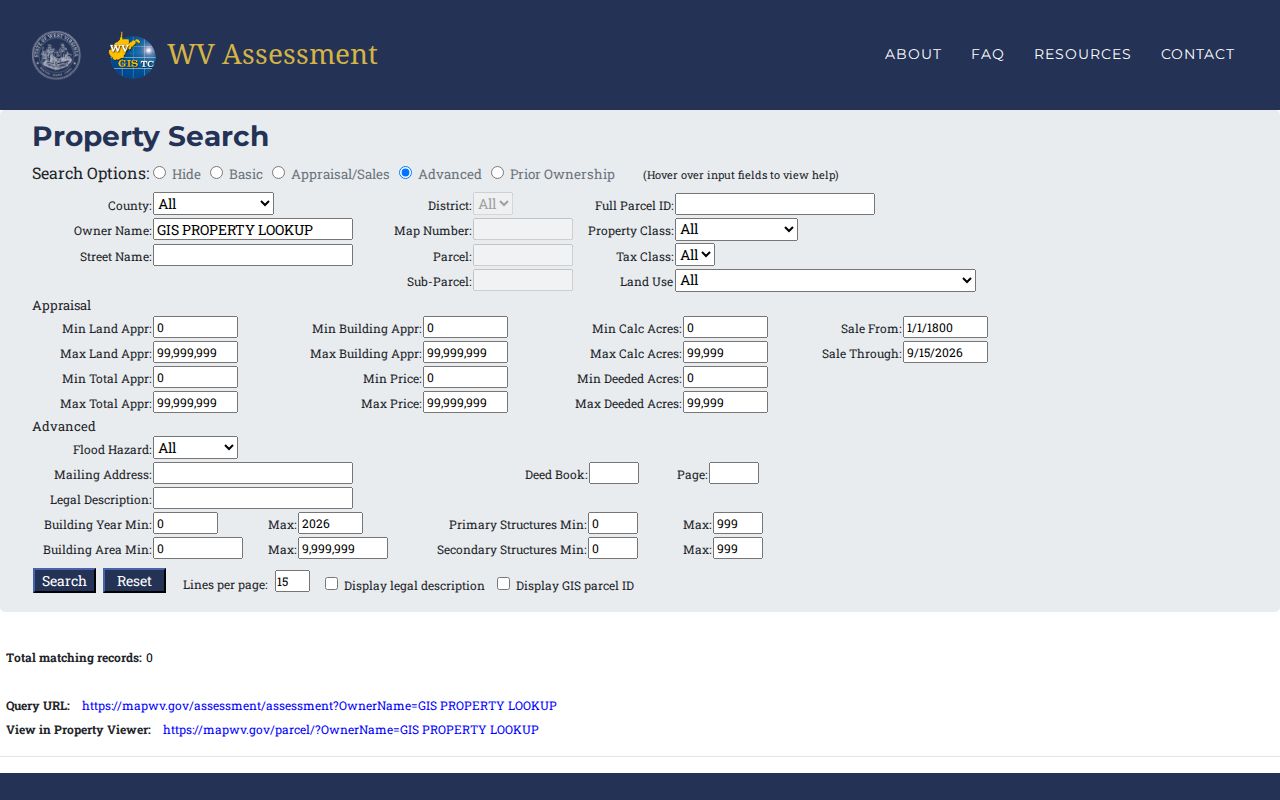Tucker County property owner lookup in the IAS assessment result view