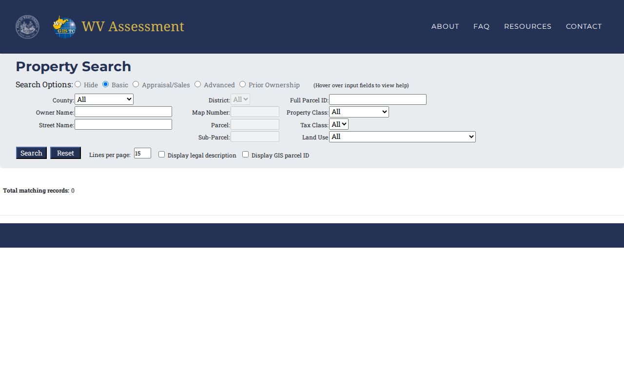 Tucker County property records fields on the West Virginia IAS search form