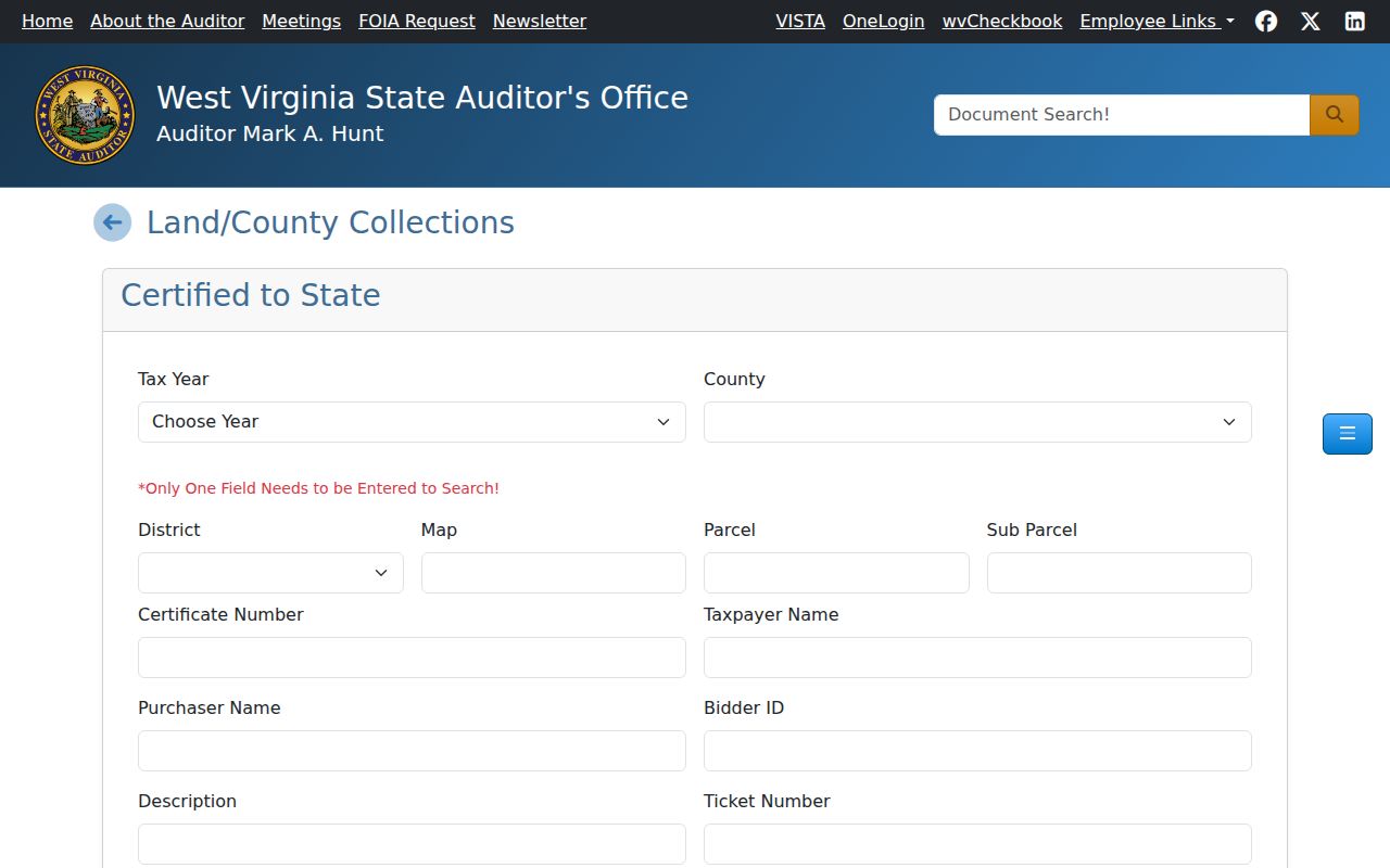 Tucker County property tax records in the State Auditor county collections search